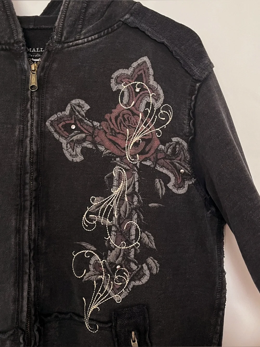 Affliction Zip Up Hoodie Sweatshirt Cross Skull Embroidery Size Small Gray Black